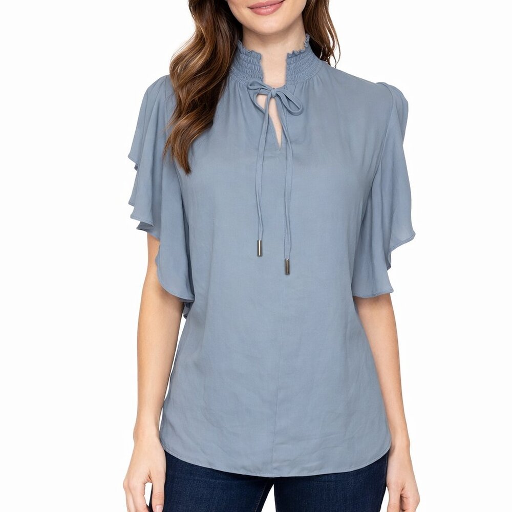 T Tahari Coquette Dusty Blue Smocked Mock Neck Blouse Ruffle Flutter Sleeve Top